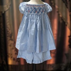 NWT Size 5 Remember Nguyen Blue Striped Kids Embroidery top & short set